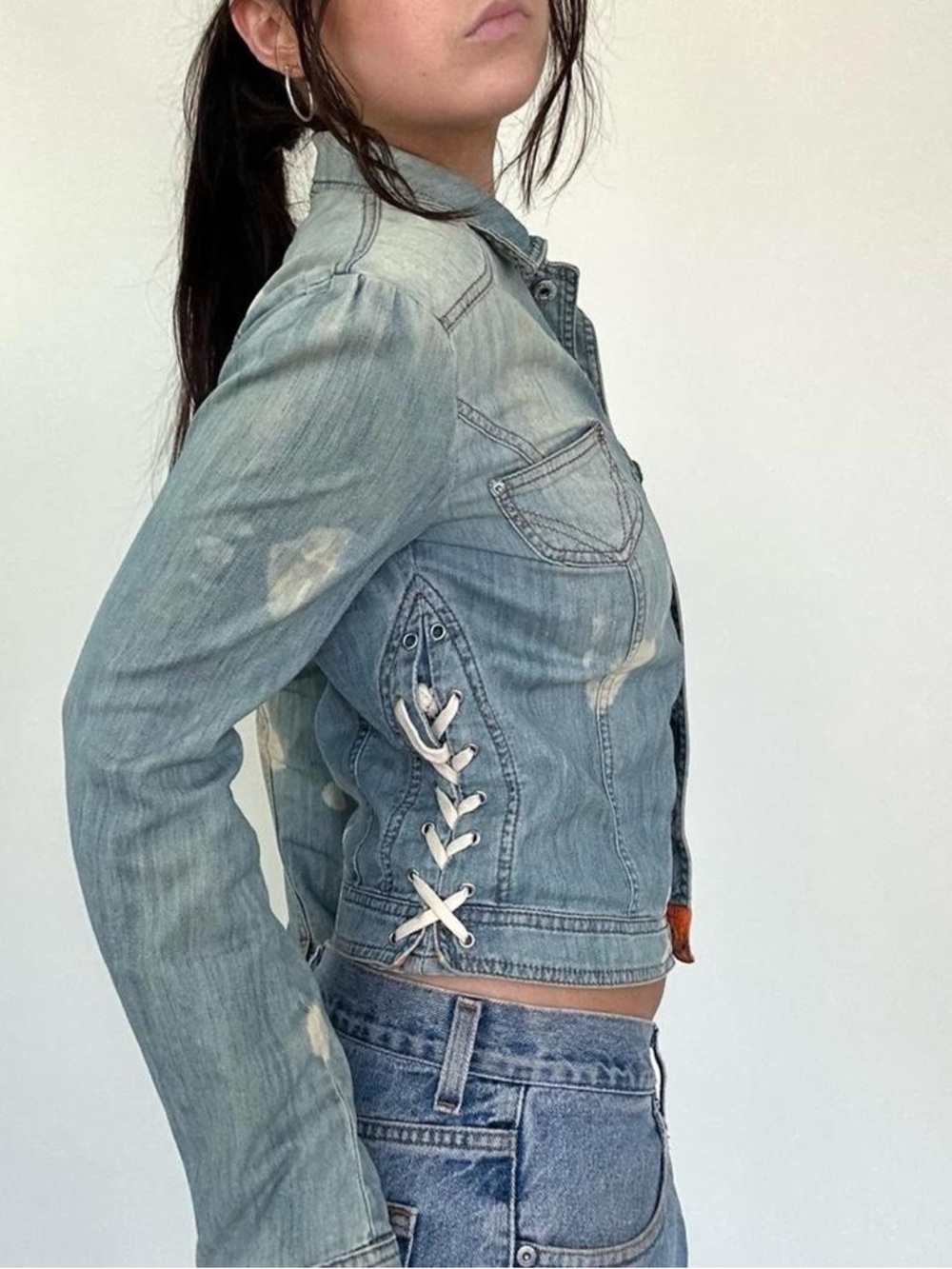 Vintage Dolce & Gabbana Denim Distressed Lace Up Side Jacket - Fitted